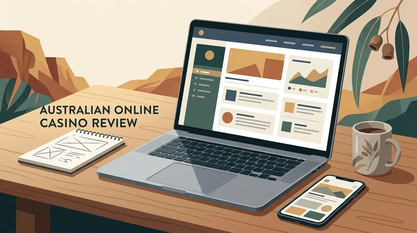 Editorial illustration of an online casino review displayed on a laptop and phone with an Australian context